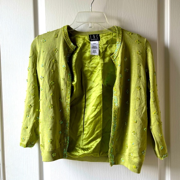 INC Petite y2k Green Sequinned Silk Cardigan - Picture 2 of 4